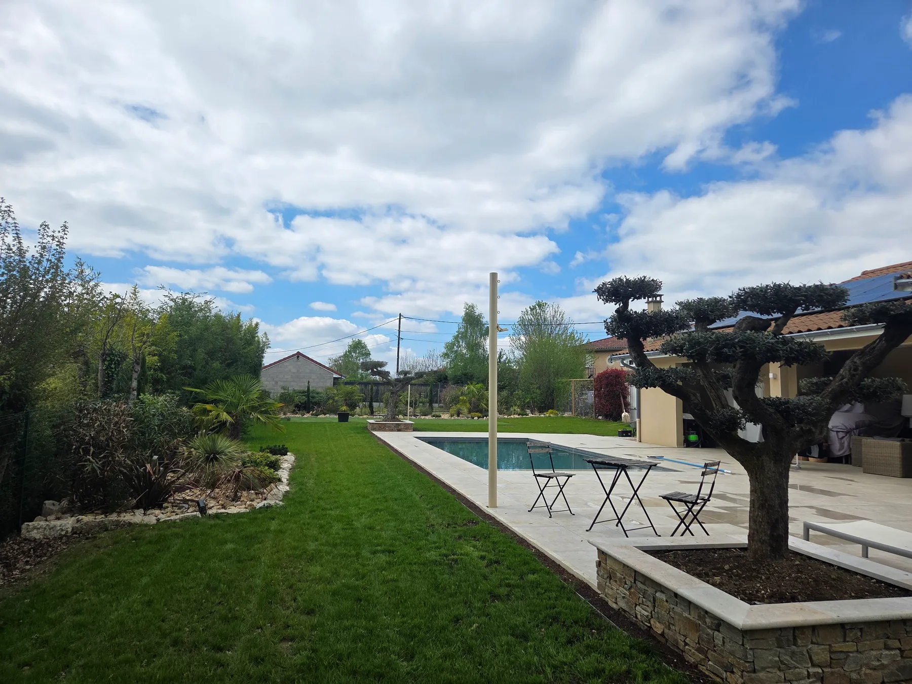 Jardin avec piscine et large terrasse en pierre, oliviers taillés en nuage dans un bac maçonné, massif de rocaille et pelouse tondue
